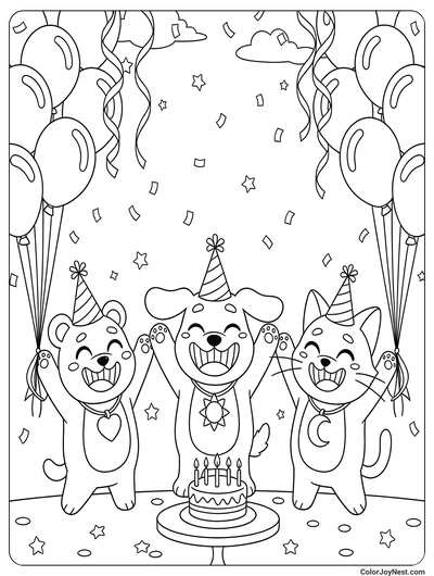 Smiling Critters Party Celebration Coloring Page