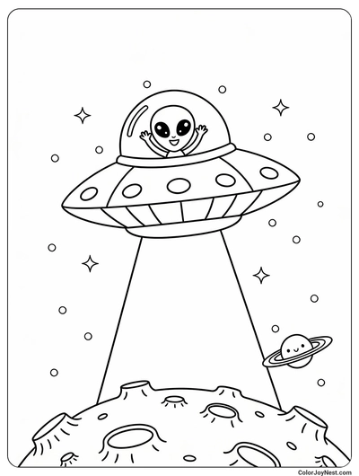 Alien UFO Over Moon Coloring Page