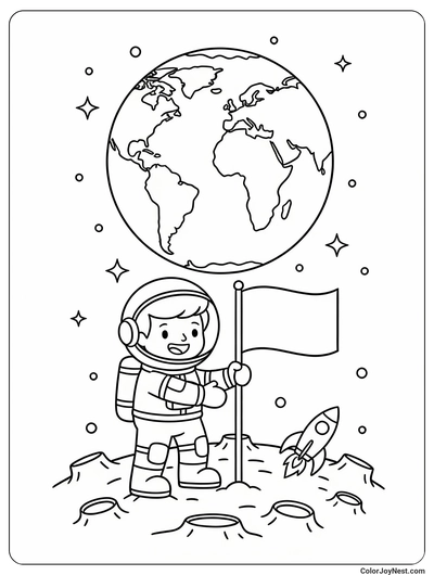 Astronaut Planting Flag on Moon Coloring Page