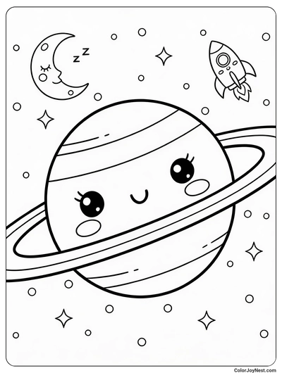 Cute Saturn with Ring Coloring Page