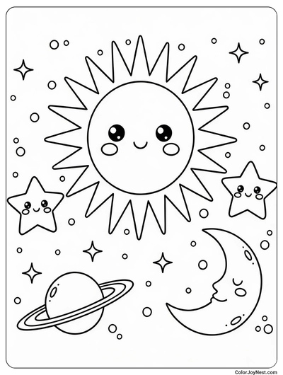 Happy Sun and Stars Coloring Page