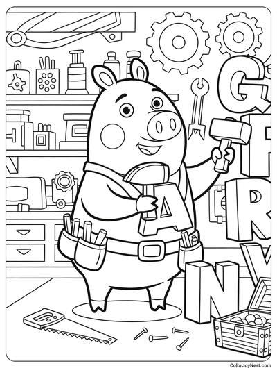 Alpha Pig Building Letters Coloring Page
