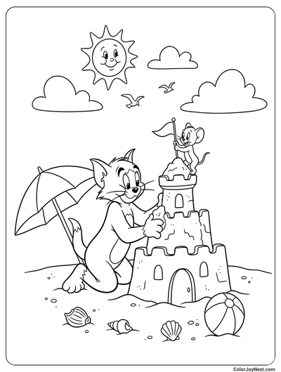 Tom and Jerry Beach Fun Coloring Page
