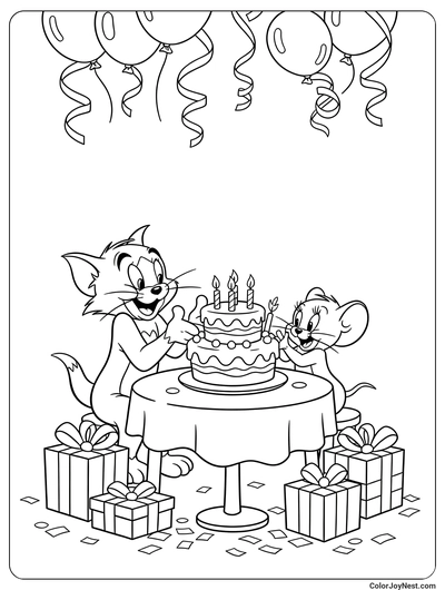 Tom and Jerry Birthday Party Scene Coloring Page
