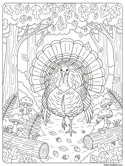 Turkey in Autumn Forest Coloring Page