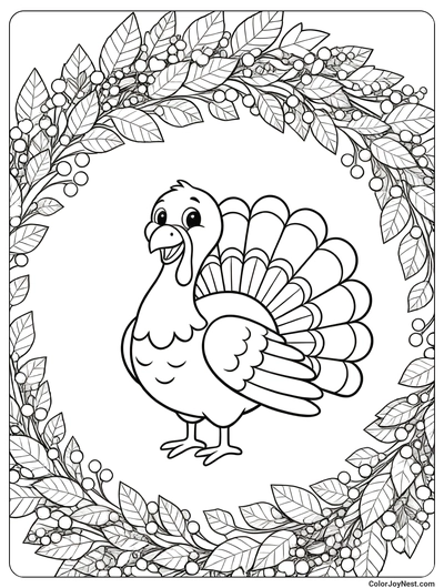 Turkey with Autumn Wreath Coloring Page
