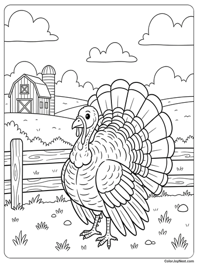 Turkey on Farm Fence Coloring Page