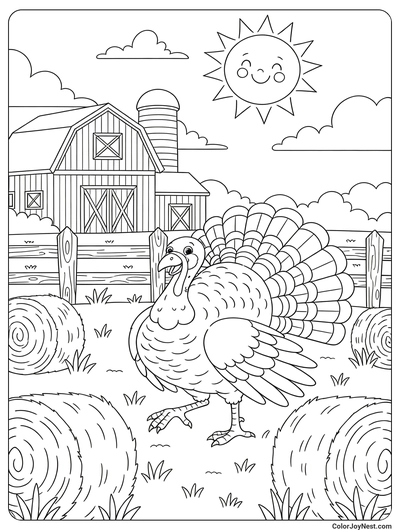 Turkey Farm Scene Coloring Page