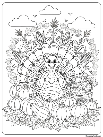 Turkey with Harvest Bounty Coloring Page