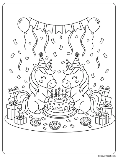 Unicorn Donut Birthday Party Coloring Page