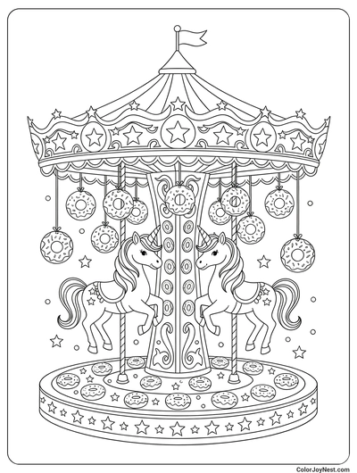 Unicorn Donut Carousel Coloring Page