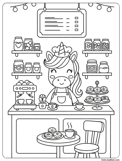 Unicorn Donut Coffee Shop Coloring Page