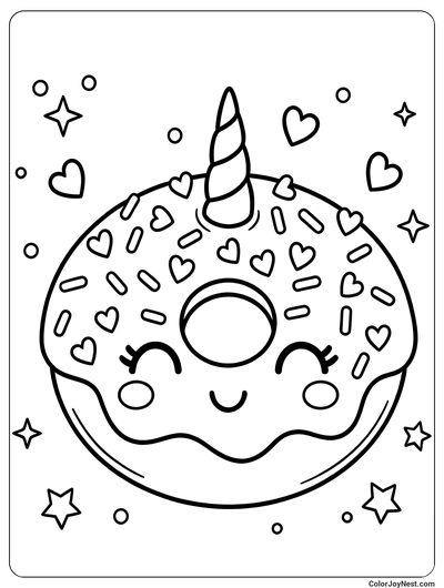 Unicorn Donut with Hearts Coloring Page