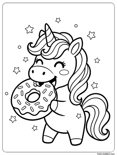 Unicorn Eating Donut Coloring Page