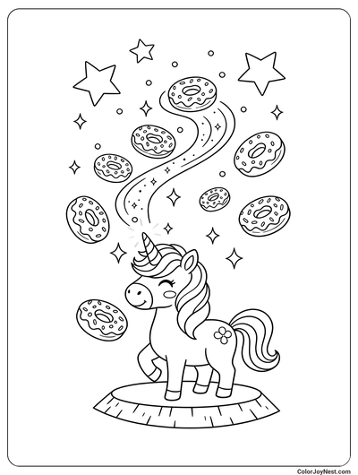 Unicorn Making Magic Donuts Coloring Page
