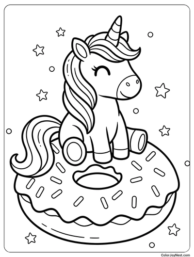 Unicorn Riding Donut Coloring Page