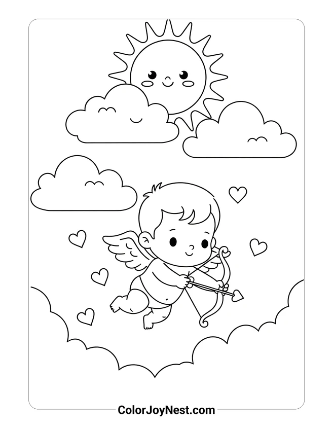 Cupid Flying in Clouds Coloring Page