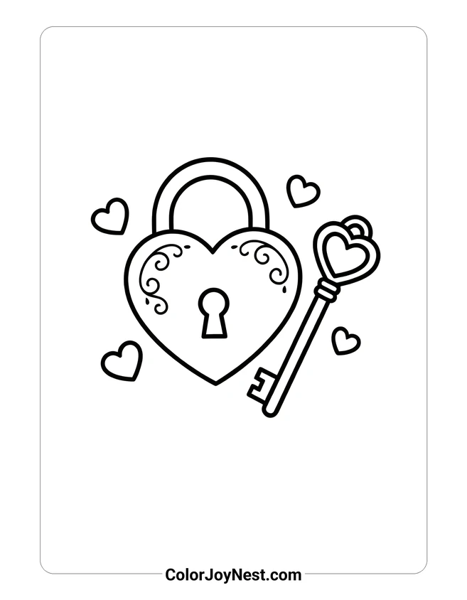 Easy Heart Lock and Key Coloring Page