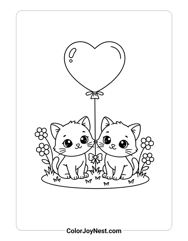 Two Cats with Heart Balloon Coloring Page