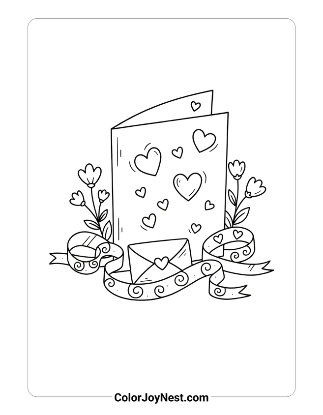 Valentine Card with Flowers Coloring Page