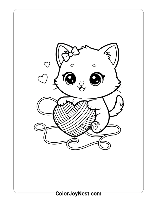 Valentine Kitten Yarn Coloring Page