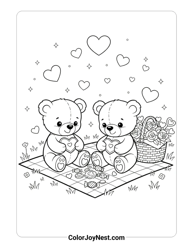 Valentine Teddy Bear Picnic Coloring Page