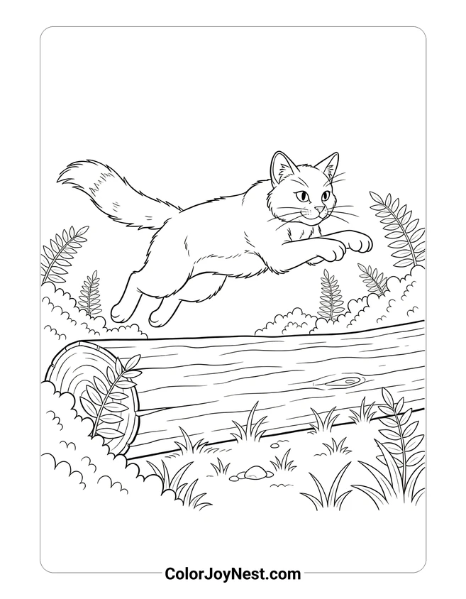 Warrior Cat Leaping Over Log Coloring Page